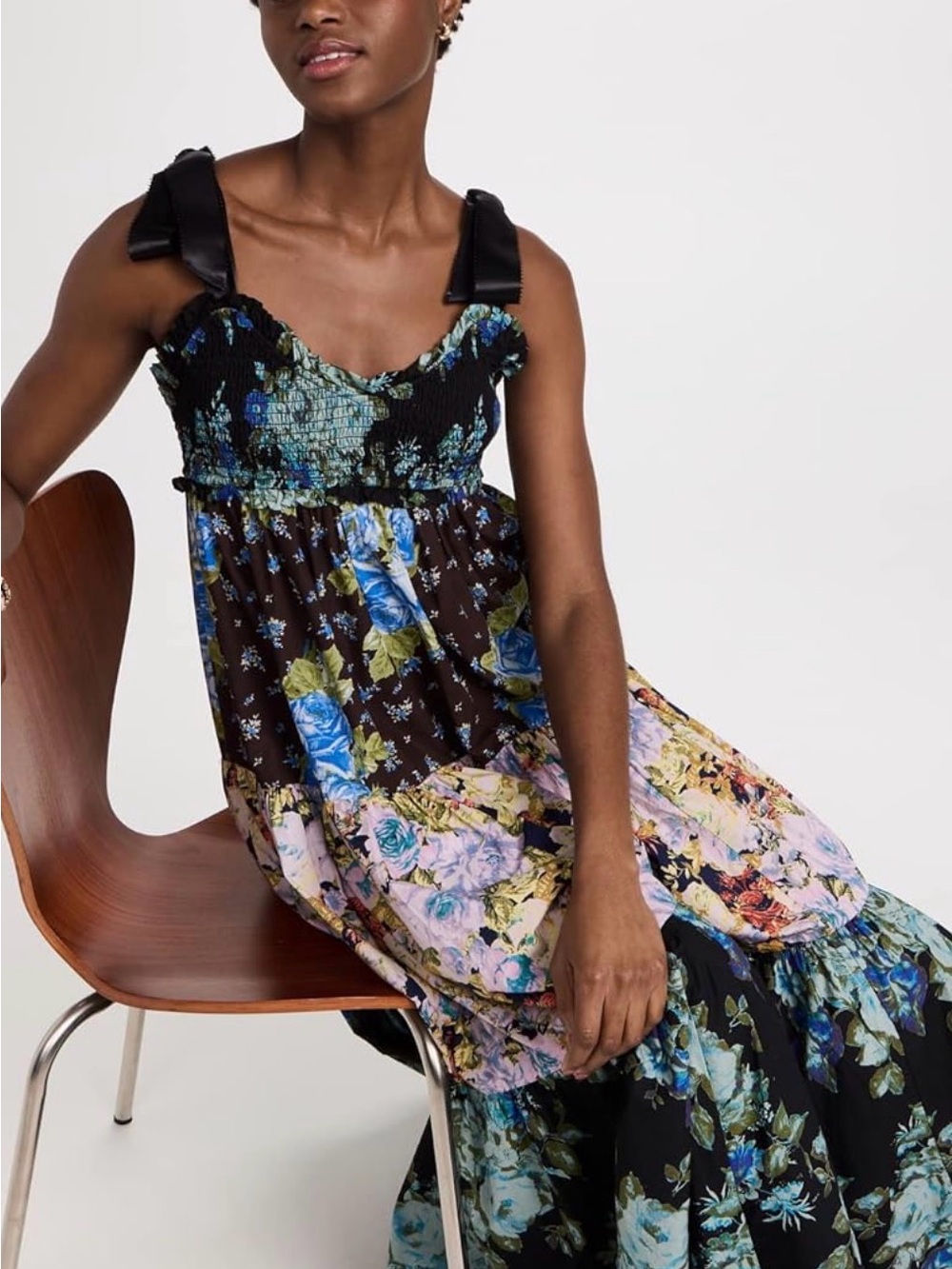 Free People Floral Tie-Shoulder Maxi Dress in Black, Blue and Green